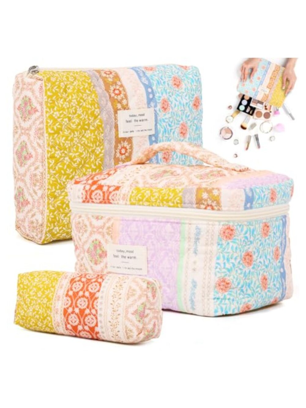 Cotton Quilted Makeup Bag Set 3 Sizes Floral Cosmetic Travel Toiletry Organizer